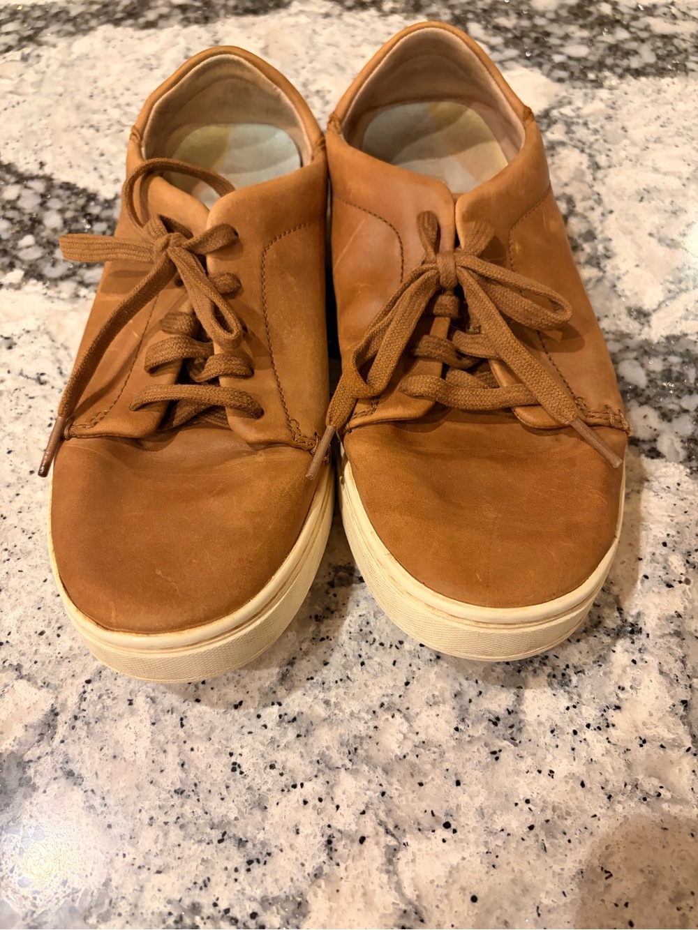 Olukai Women’s casual Tan Leather Lace-Up Sneakers, Pehuea, 37.5 or 7.5